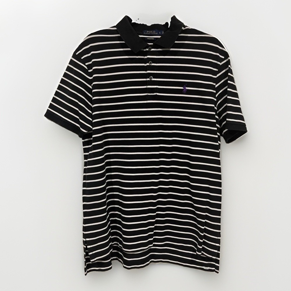 Polo Ralph Lauren Polo Shirt Mens Large Black White Striped Short Sleeve Pony